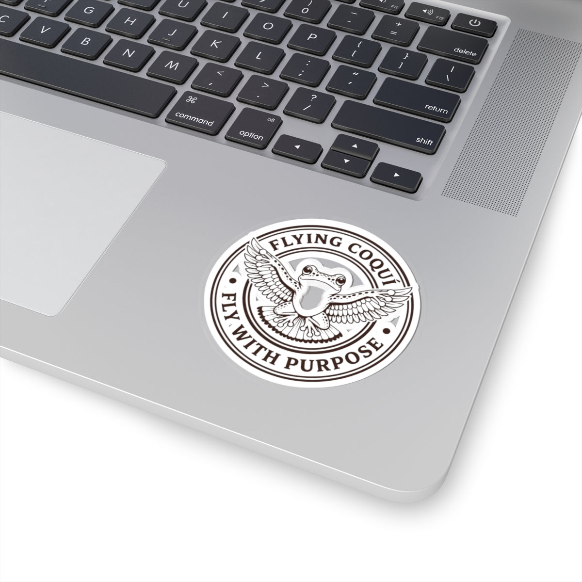 Flying Coqui Kiss-Cut Sticker — 'Fly With Purpose' Frog Emblem